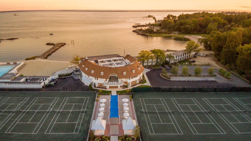 Exterior drone shot of event at Tokeneke Club