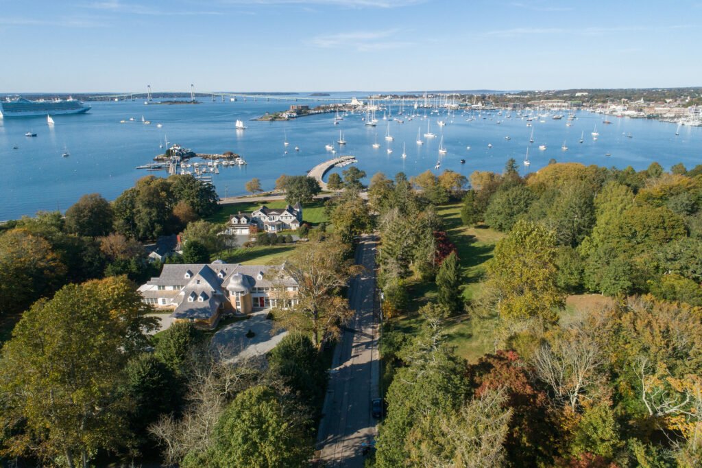 Aerial view of Newport Rhode Island waterfront home