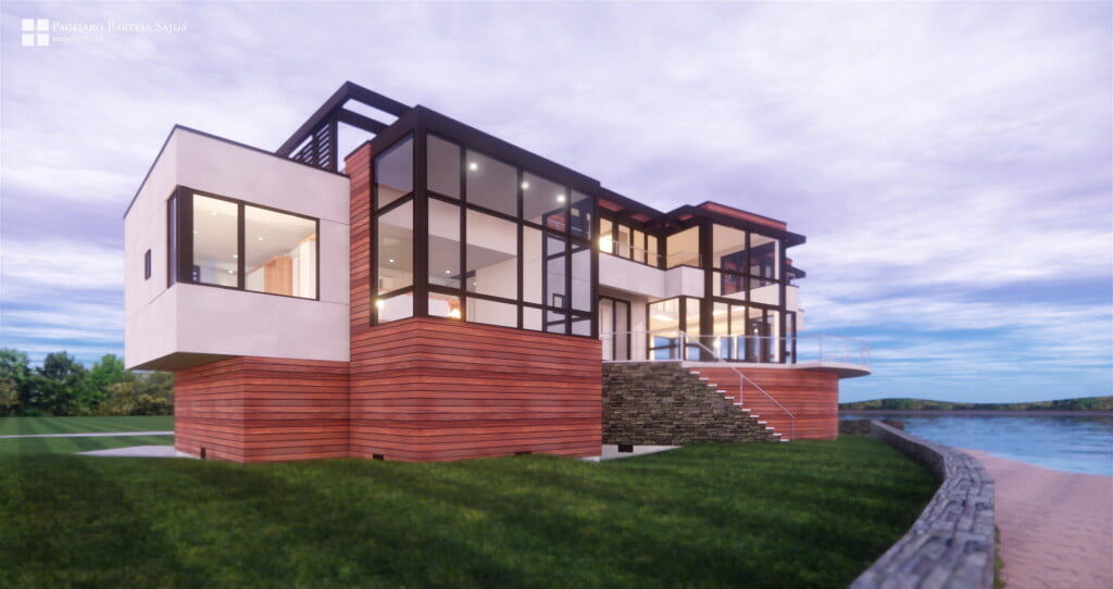 Rendering of modern waterfront new build on the New England coast by architectural firm Christopher Pagliaro Architects