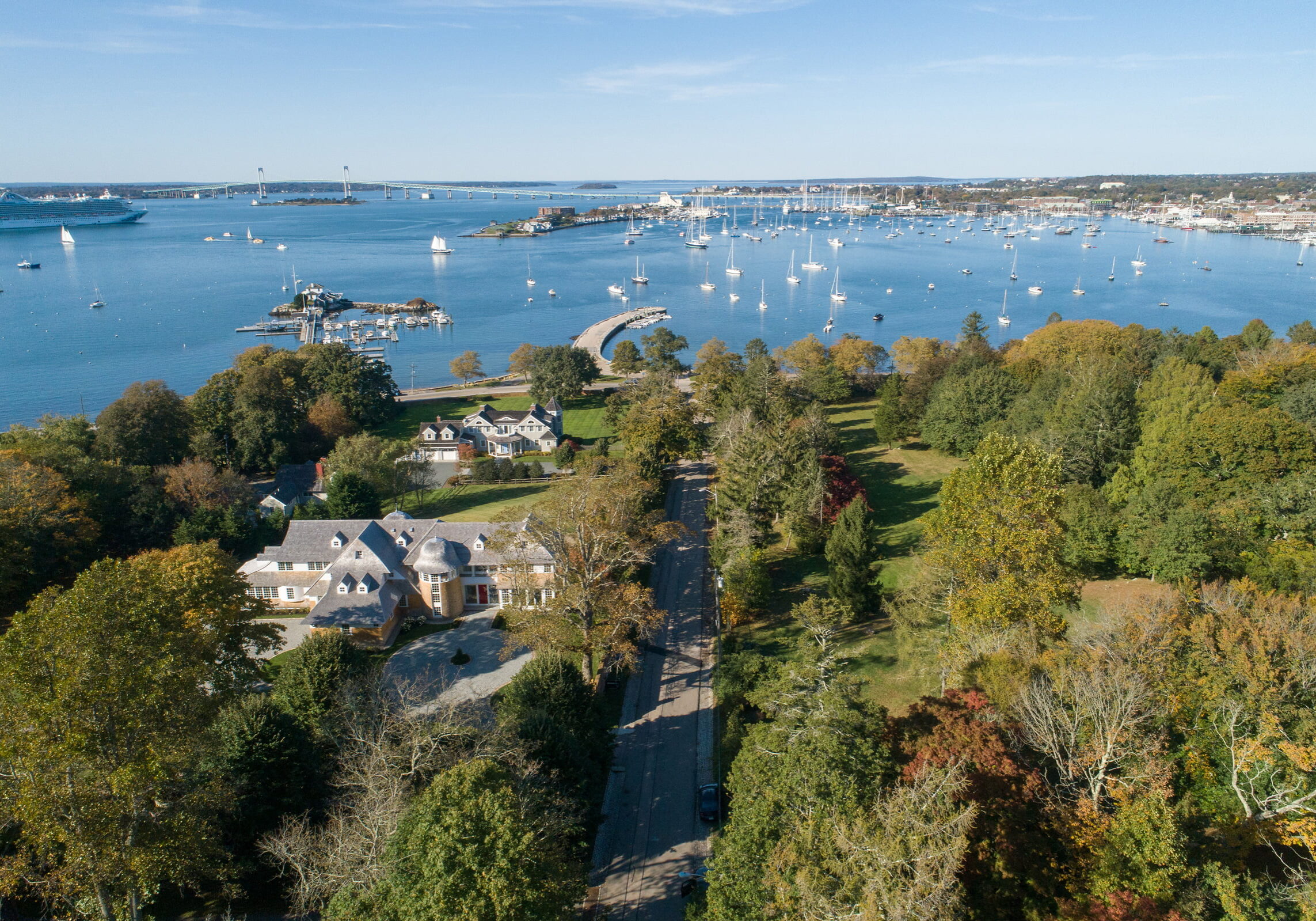 Aerial view of Newport Rhode Island waterfront home